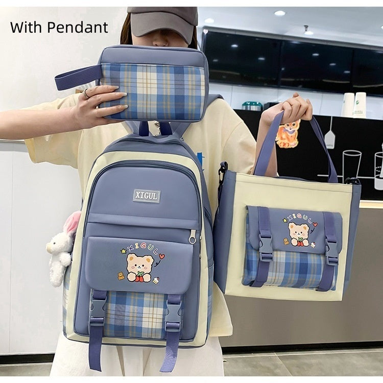 Blue With Pendant - Large Capacity Plaid Three-piece Set School Backpack - bookbag at TFC&H Co.