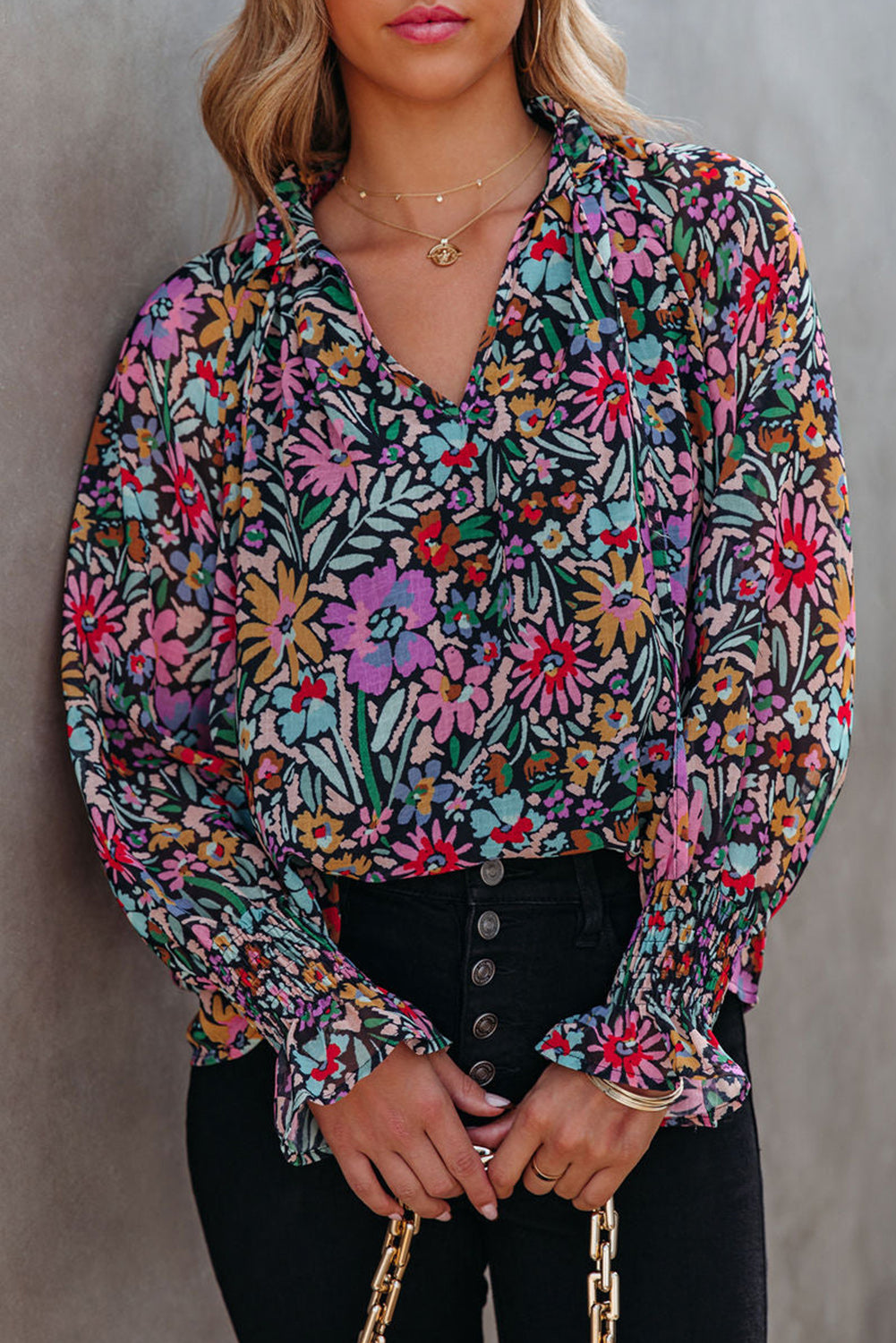 Multicolor 100%Viscose Multicolor Floral Print Ruffled Long Sleeve V-Neck Blouse - women's blouse at TFC&H Co.