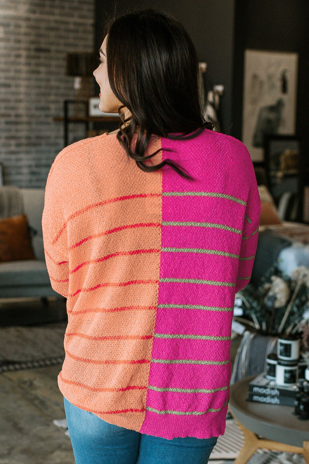 Multicolour Striped Color Block Loose Fit Knit Sweater - women's sweater at TFC&H Co.