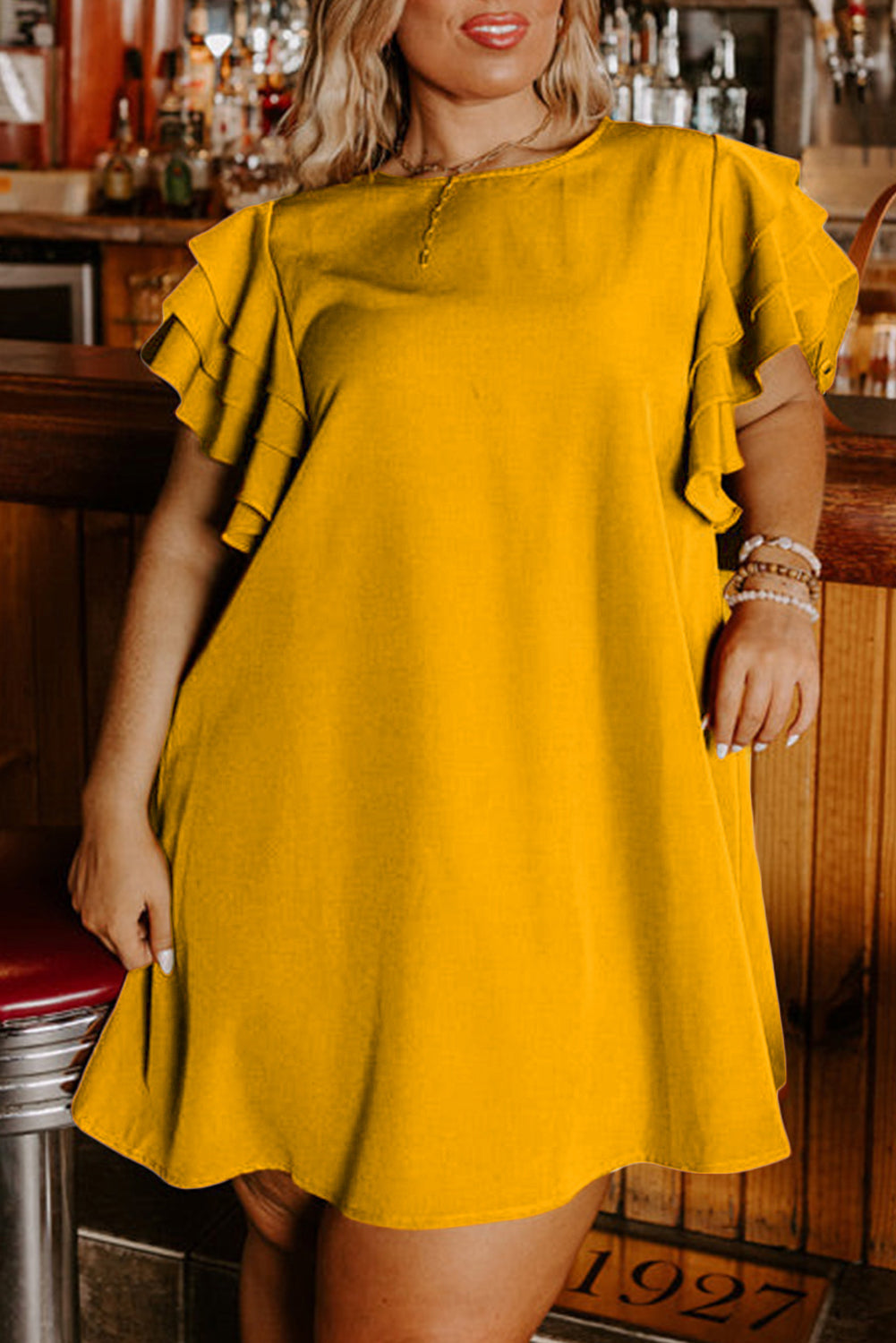 Grapefruit Orange 100%Polyester - Tiered Ruffled Sleeve Voluptuous (+) Women's Plus Size Mini Dress - womens dress at TFC&H Co.