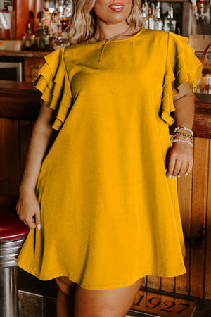 Grapefruit Orange 100%Polyester - Tiered Ruffled Sleeve Voluptuous (+) Women's Plus Size Mini Dress - women's dress at TFC&H Co.