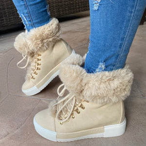 Beige - Thick Sole Lace-up Furry Boots - womens boot at TFC&H Co.