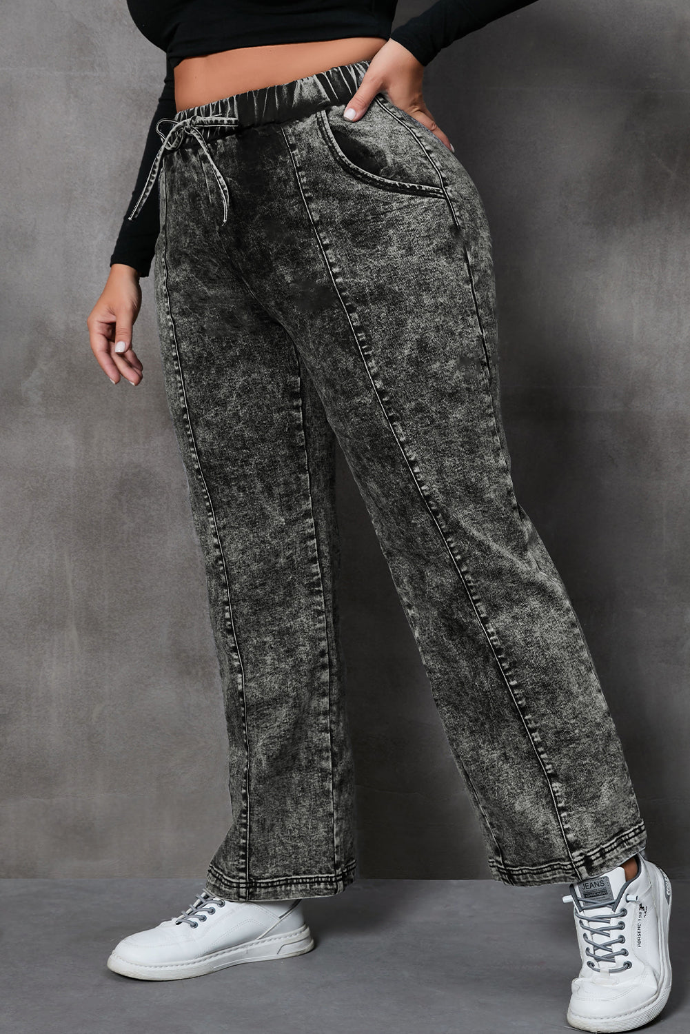 - Voluptuous (+) Plus Size Drawstring Splicing Women's Wide Leg Black Jeans - Plus Size Jeans at TFC&H Co.
