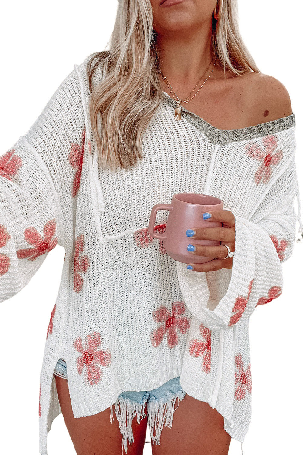 Floral Print Lightweight Knit Hooded Sweater - women's sweater at TFC&H Co.