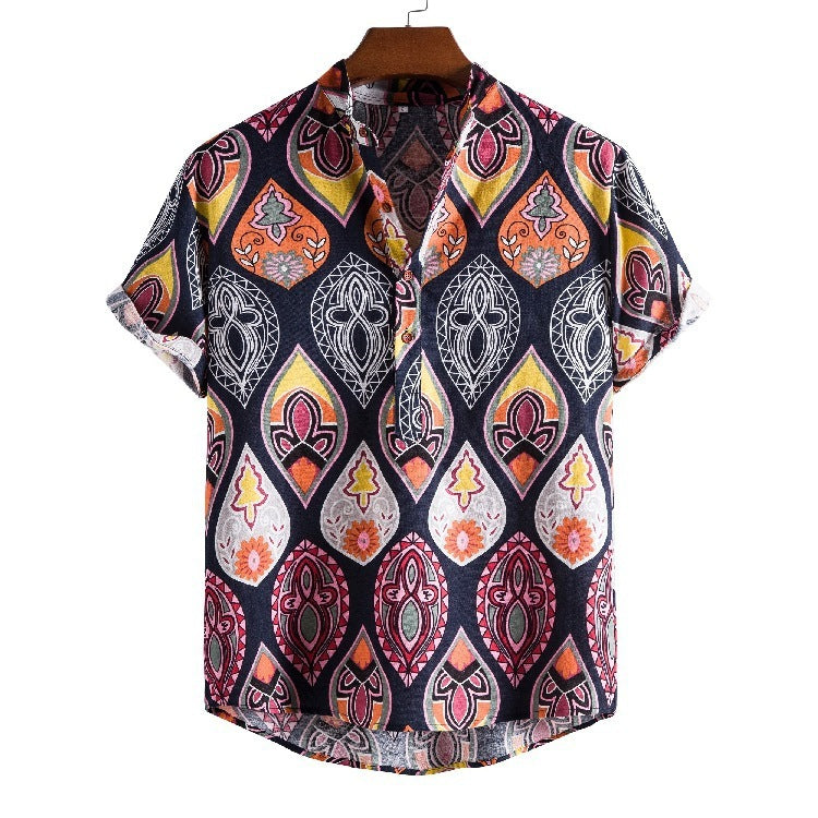 - Stand Collar Ethnic Style Series Printed Casual Button Up Shirt - mens button up shirt at TFC&H Co.