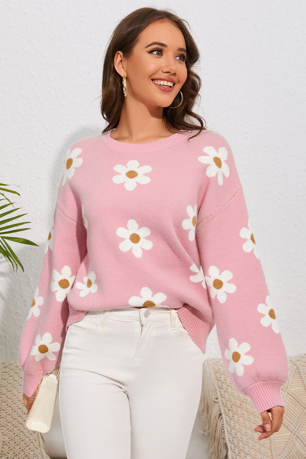 Pink 57%Viscose+23%Elastane+20%Polyamide - Floral Pattern Drop Shoulder Sweater - womens sweater at TFC&H Co.