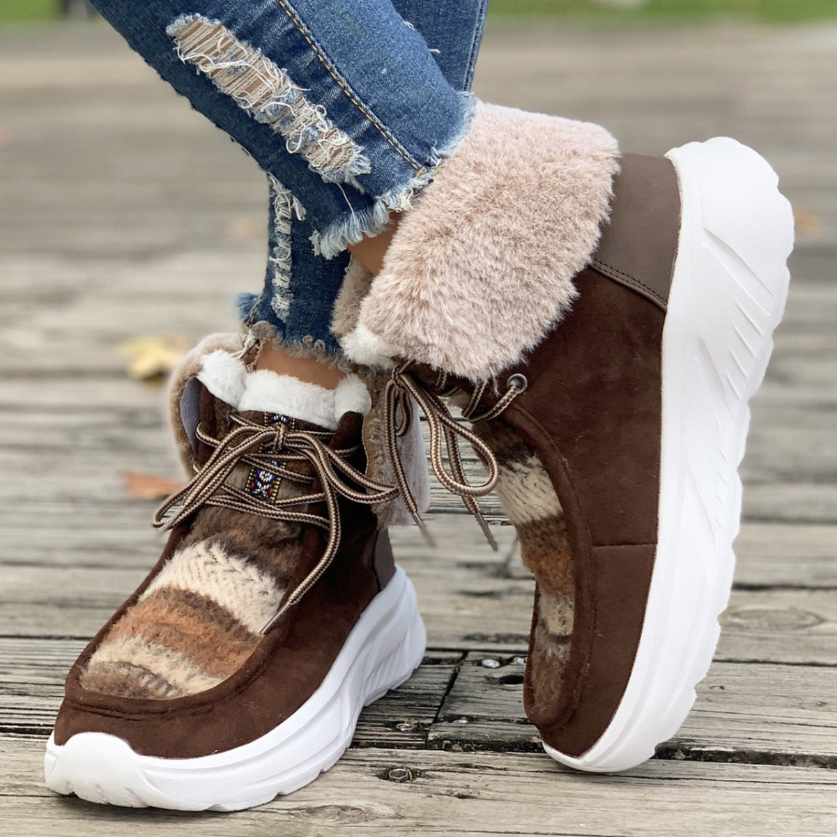 Brown Fuzzy Thermal Lined Non-slip Lace-up Plush Women's Snow Boots - 3 colors - women's boots at TFC&H Co.