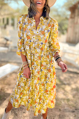 Yellow 100%Polyester Multicolor Boho Floral Collared Long Sleeve Ruffled Dress - women's dress at TFC&H Co.