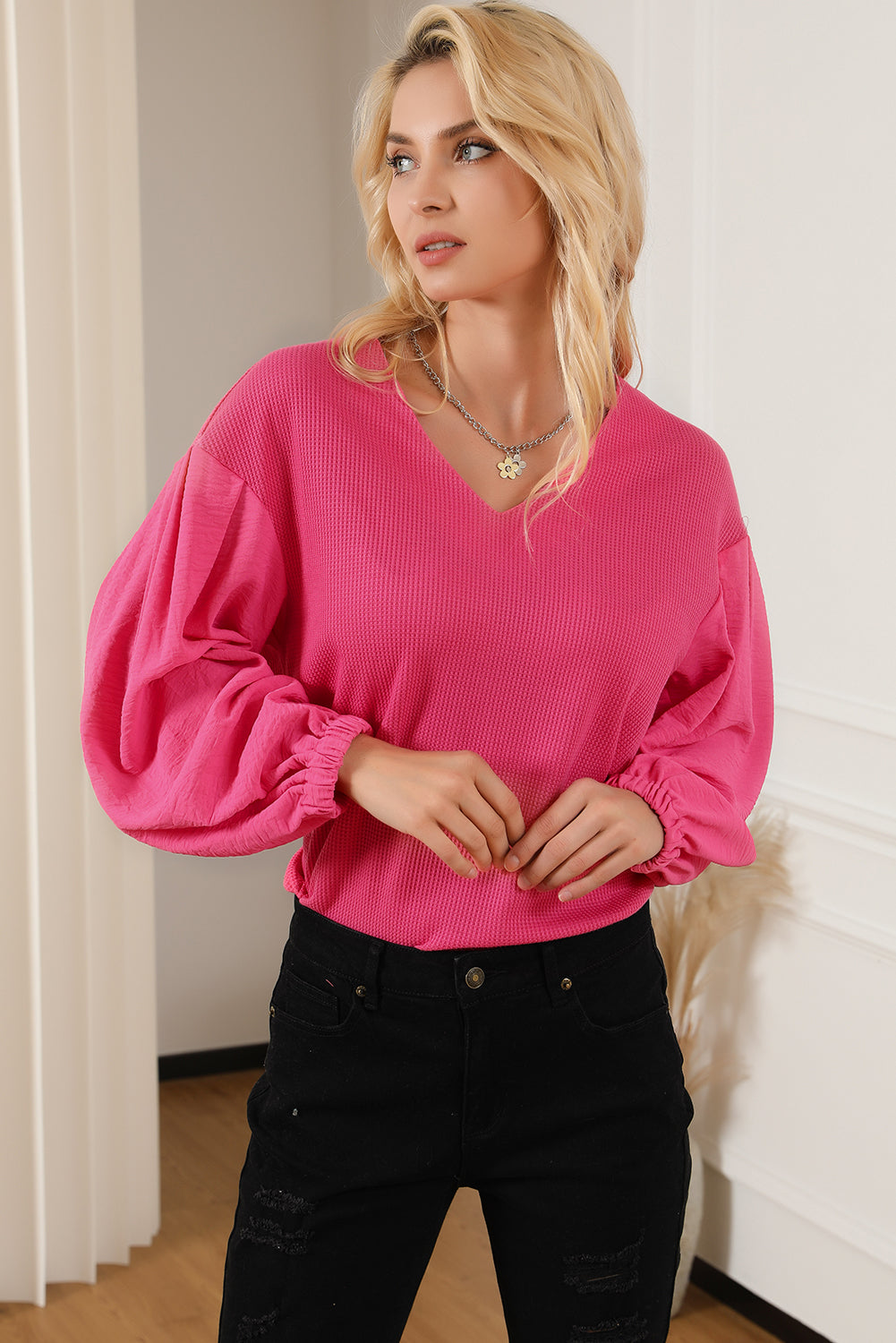 Rose 95%Polyester+5%Elastane Waffle Knit Balloon Sleeve Splicing V Neck Top - 2 colors - women's shirt at TFC&H Co.