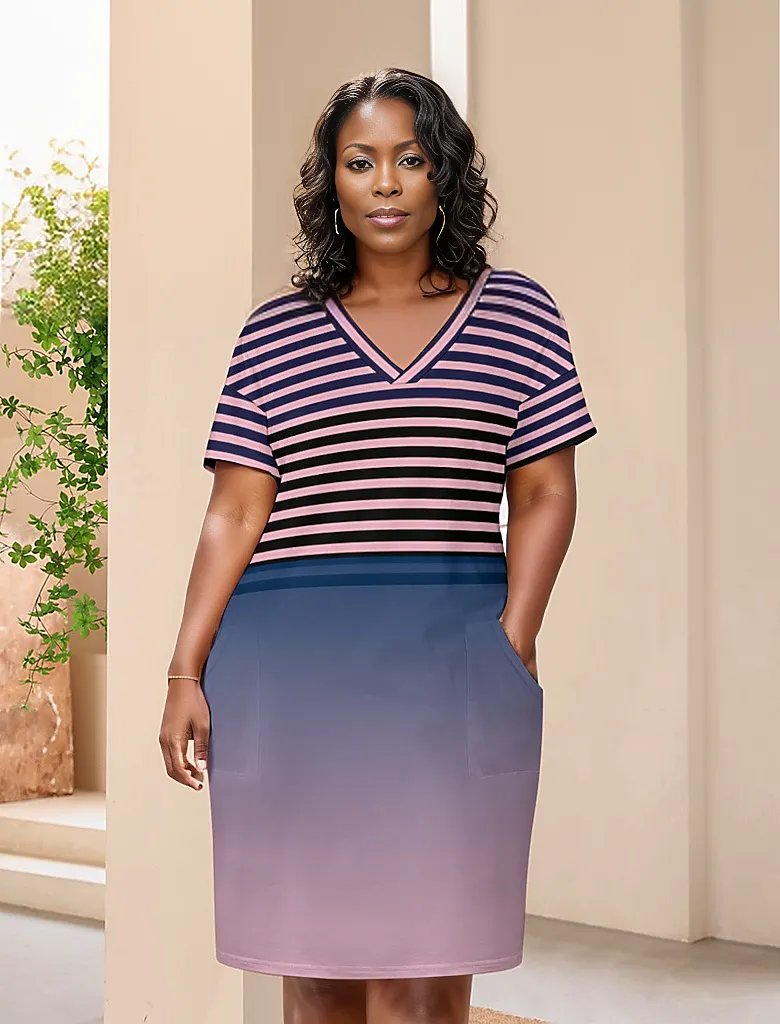 - Ombre Striped Voluptuous (+) Loose Pocket Plus Size Dress - womens dress at TFC&H Co.