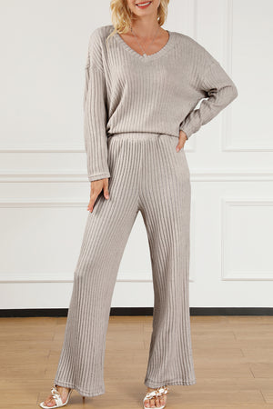 - Ribbed Knit V Neck Slouchy Two-piece Outfit - pants or short set various colors - women's pants set at TFC&H Co.
