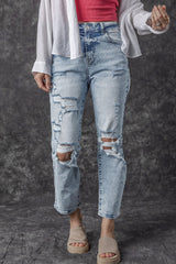 Sky Blue 93%Cotton+5%polyester+2%Elastane - Sky Blue Light Wash Frayed Slim Fit High Waist Jeans - women's jeans at TFC&H Co.