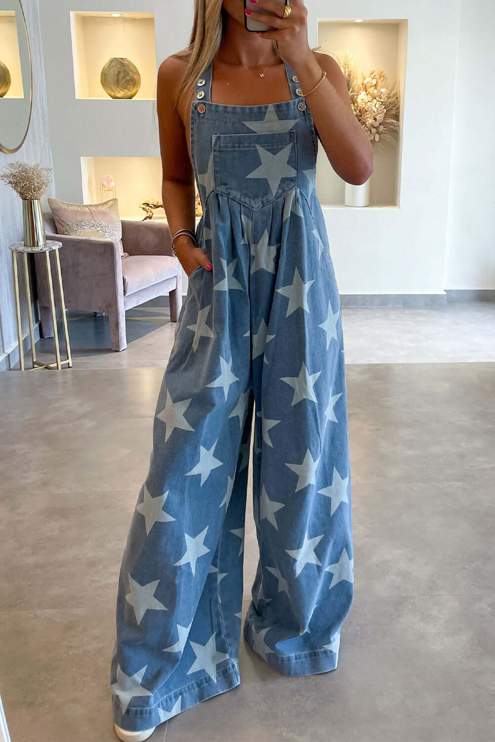 72%Cotton+26%Polyester+2%Elastane - Star Print Buttoned Strap Pleat Wide Leg Denim Overall - womens overalls at TFC&H Co.