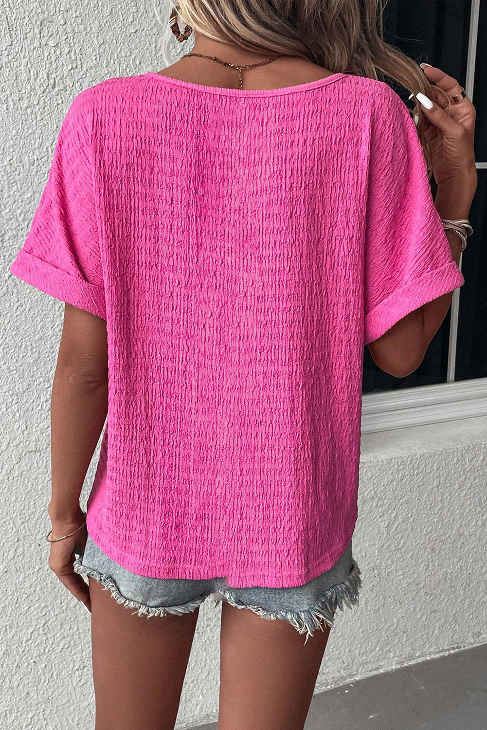 - Bright Pink Textured V Neck Batwing Sleeve Voluptuous (+) Plus Size Blouse - womens blouse at TFC&H Co.
