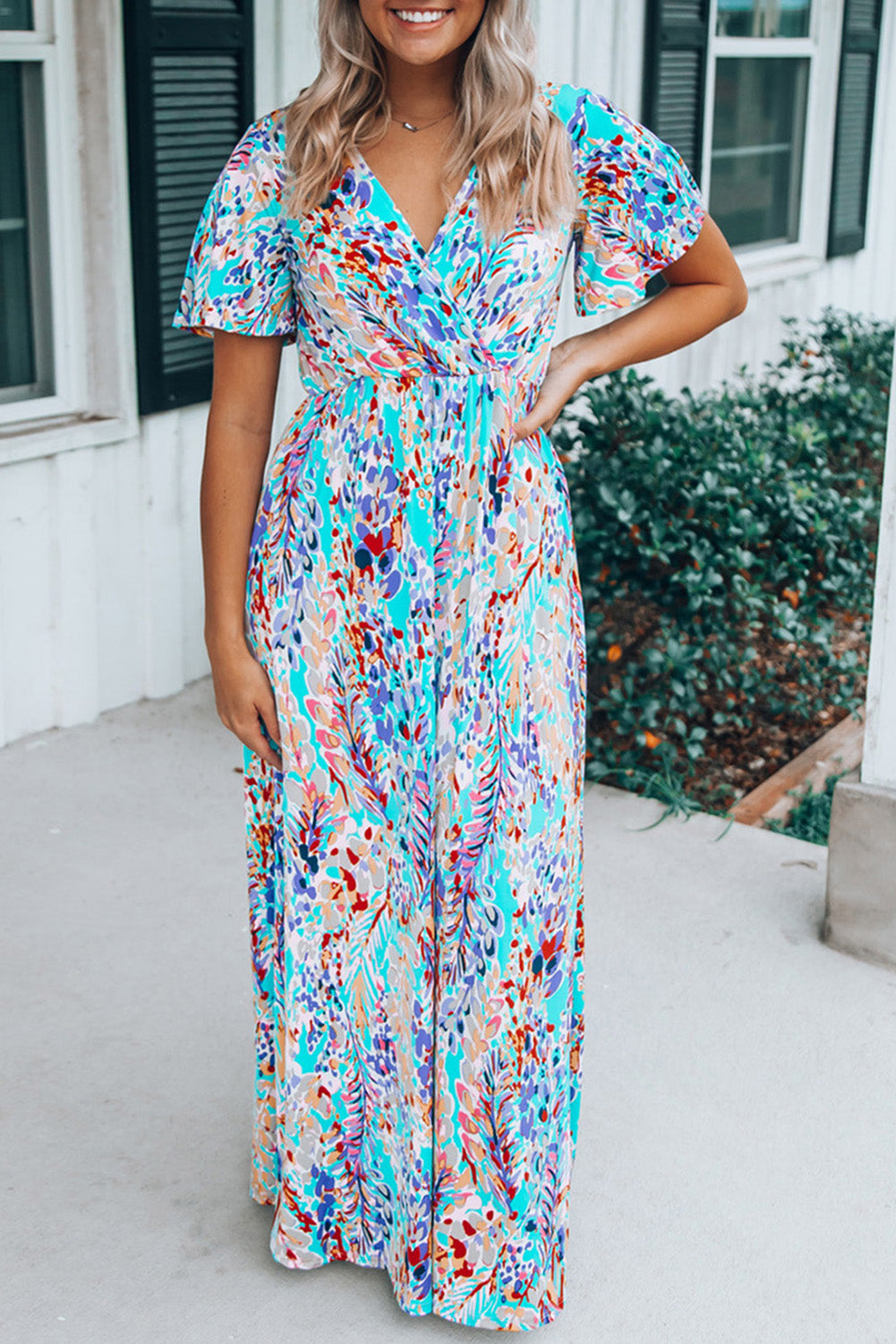 Green - Bohemian Abstract Print Wrap V Neck Color Block Maxi Dress - Maxi Dresses at TFC&H Co.