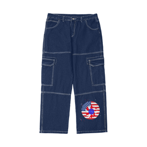 BLUE Petal Flag Streetwear Women's Pockets Wide-Legged Straight Cut Denim Jeans (Blue) - women's jeans at TFC&H Co.