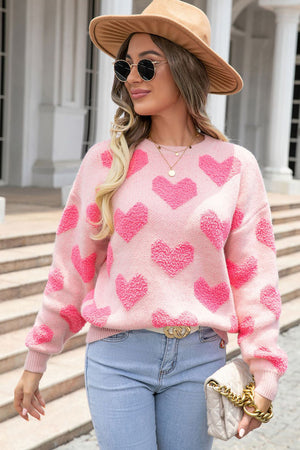 Light Pink Valentines Day Heart Jacquard Knit Sweater - women's sweater at TFC&H Co.