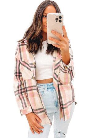 Pink Plaid Button Front Chest Pocket Shacket - women's shacket at TFC&H Co.