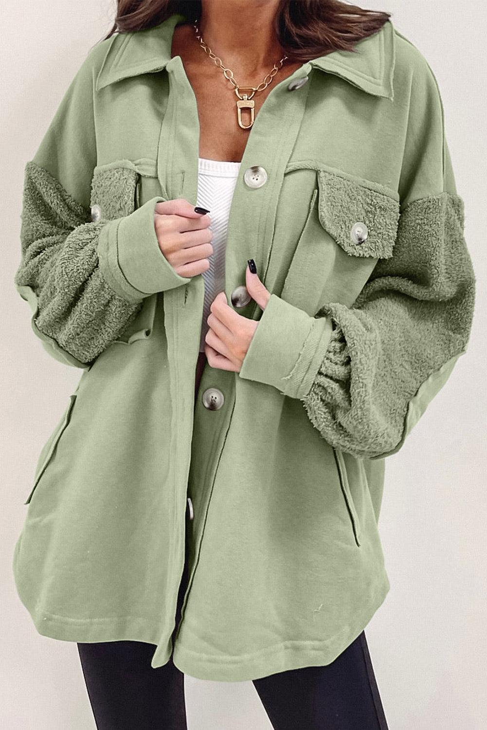 Green 50%Polyester+50%Cotton Exposed Seam Elbow Patch Oversized Shacket in Peach Blossom, Sage, or Chestnut - women's shacket at TFC&H Co.