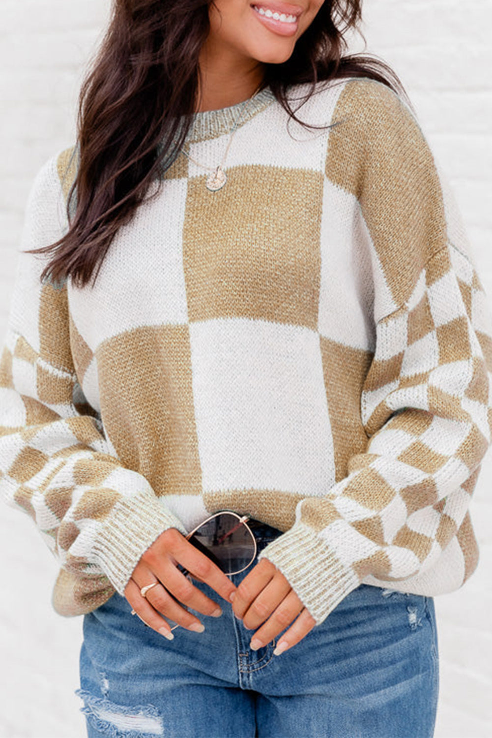 - Checkered Knitted Drop Shoulder Sweater - various colors - Sweaters at TFC&H Co.