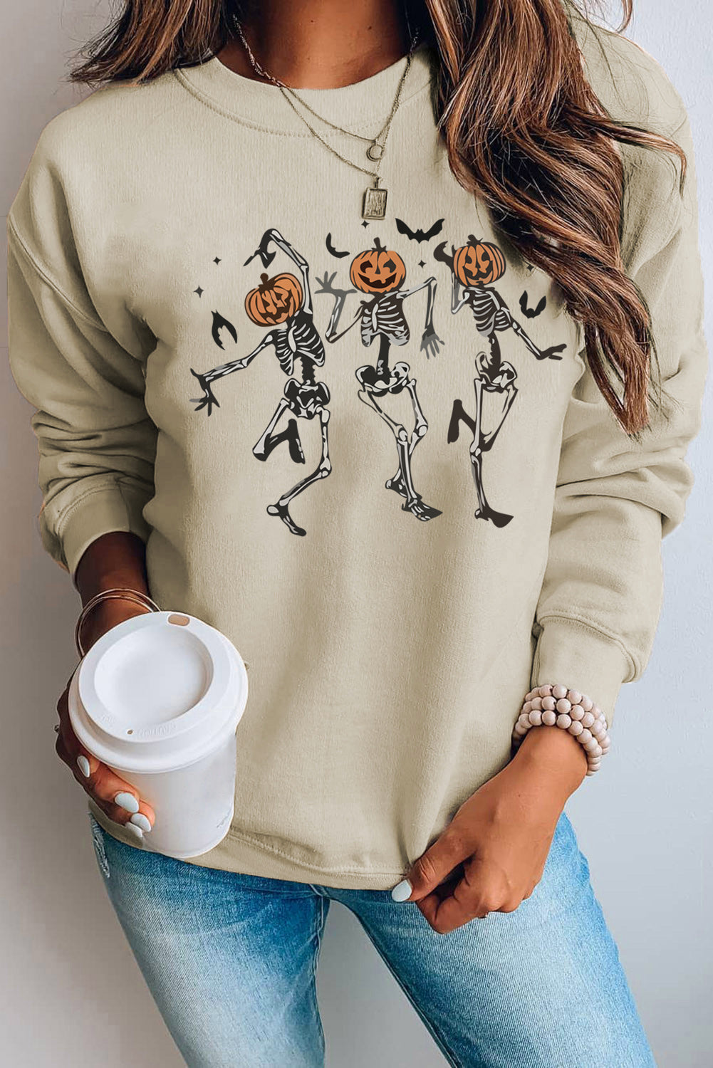 Khaki 70%Polyester+30%Cotton - Khaki Skeleton Pumpkin Halloween Graphic Print Pullover Sweatshirt - womens sweathshirt at TFC&H Co.