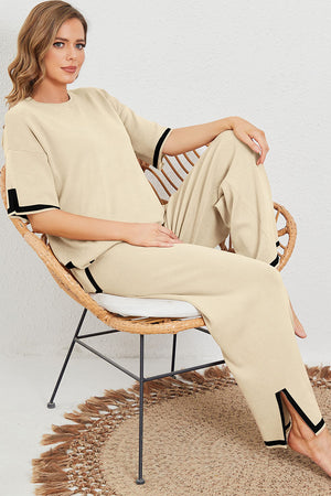 - Contrast Trim Half Sleeve Sweater & Wide Leg Pants Set - Two Piece Pants Sets at TFC&H Co.