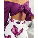 Purple - Off Shoulder Crop Top & Leaf Print Shorts Outfit Set for Women - womens short set at TFC&H Co.