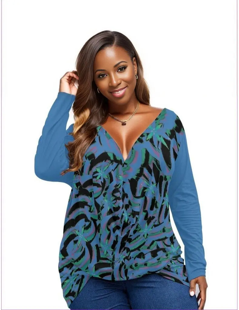 Abstract Blue V-neck Plus Draped Longline Long Sleeve Womens Top Voluptuous (+) Plus Size - women's top at TFC&H Co.