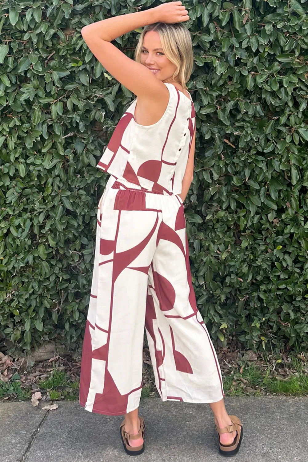 Abstract Printed Button Back Vest and Wide Leg Pants Outfit Set - women's pants set at TFC&H Co.