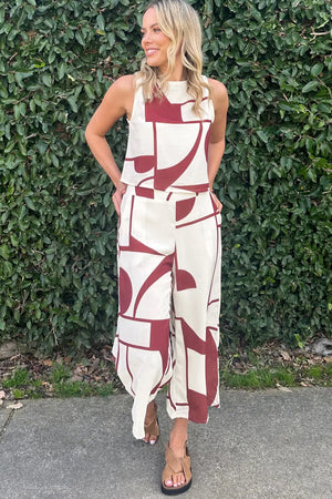 - Abstract Printed Button Back Vest and Wide Leg Pants Outfit Set - womens pants set at TFC&H Co.