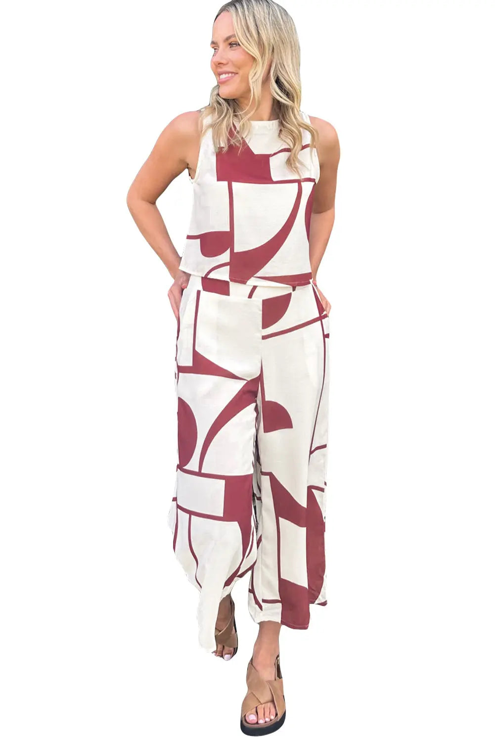 - Abstract Printed Button Back Vest and Wide Leg Pants Outfit Set - womens pants set at TFC&H Co.