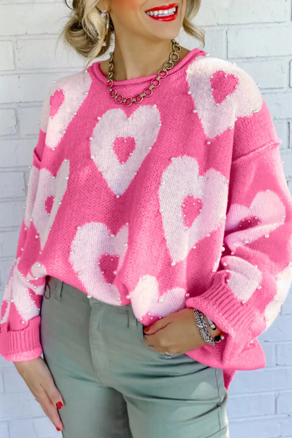 Bonbon 42%Acrylic+30%Polyester+28%Polyamide - Bonbon Pearl Beaded Heart Drop Shoulder Sweater - womens sweater at TFC&H Co.