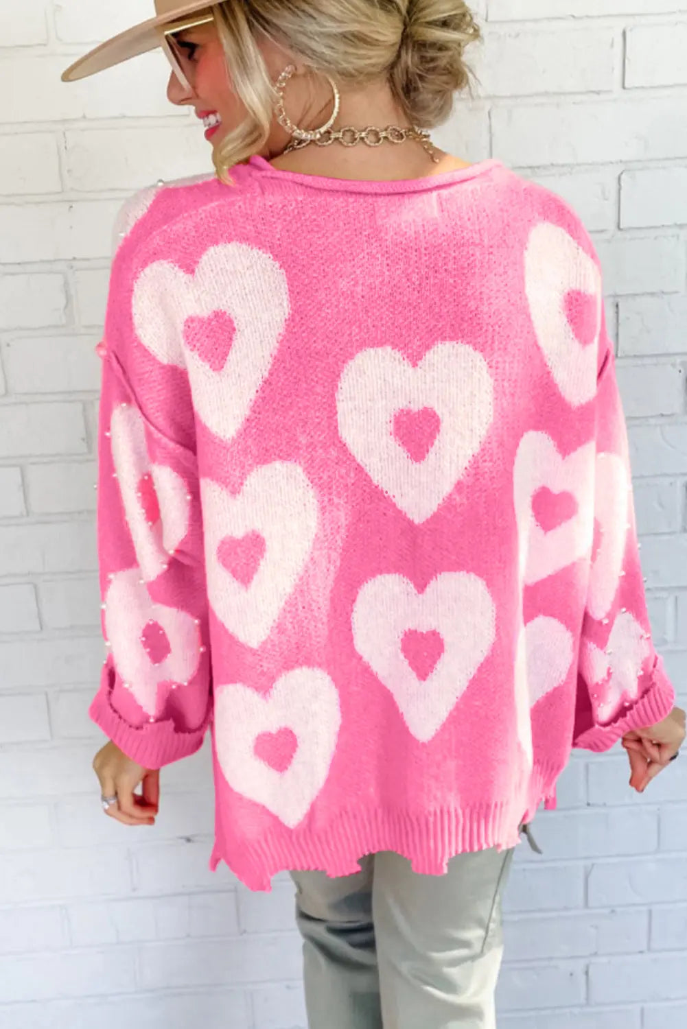 - Bonbon Pearl Beaded Heart Drop Shoulder Sweater - womens sweater at TFC&H Co.