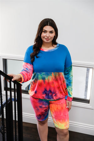 - Plus Blue Neon Rainbow Tie-dye Colorblock Long Sleeve Top & Biker Shorts Set - womens short set at TFC&H Co.