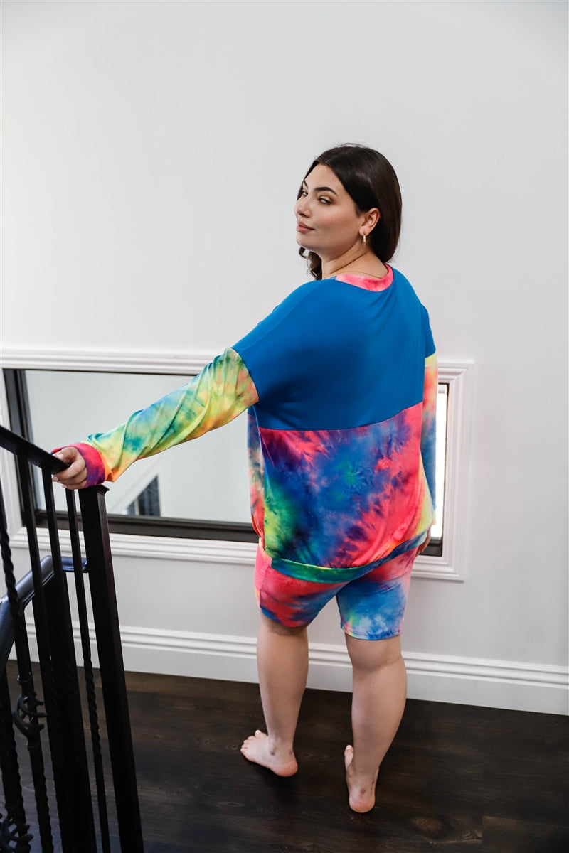 - Plus Blue Neon Rainbow Tie-dye Colorblock Long Sleeve Top & Biker Shorts Set - womens short set at TFC&H Co.