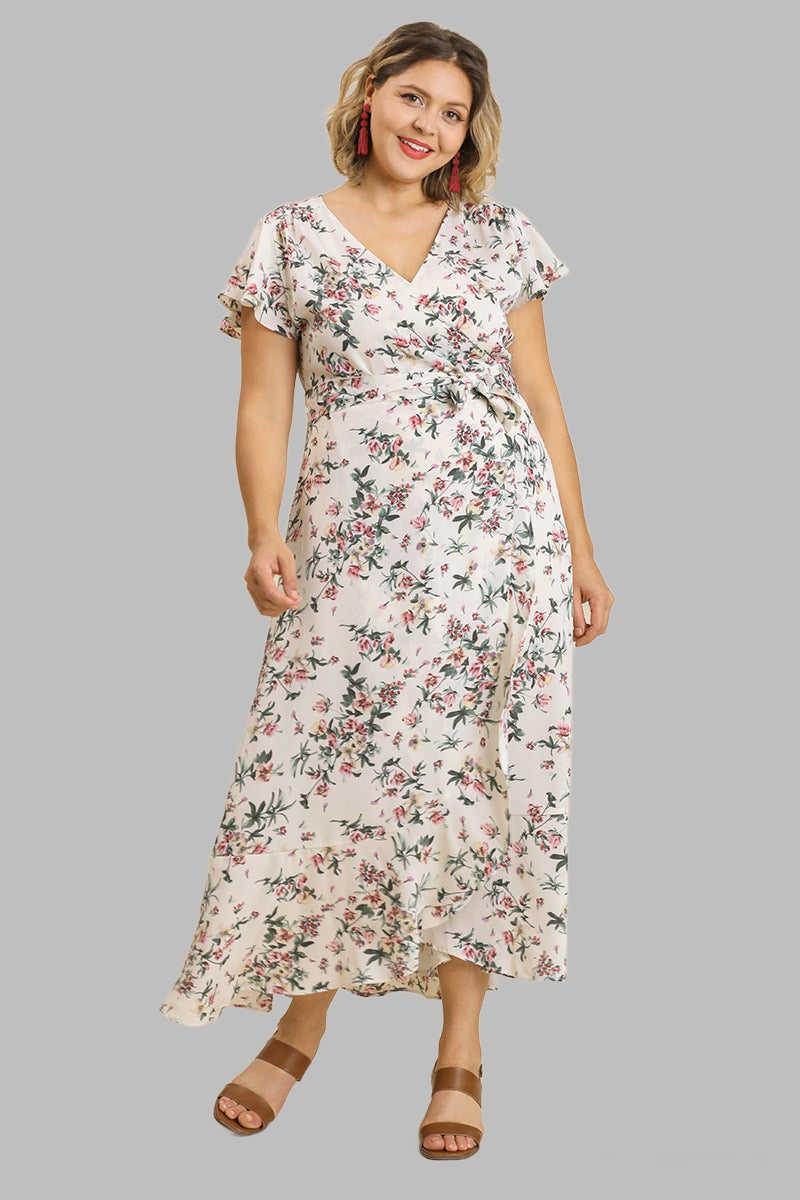 Floral Print Wrapped Short Ruffle Sleeve Maxi Dress With No Lining Voluptuous (+) Plus Size - Ships from The USA