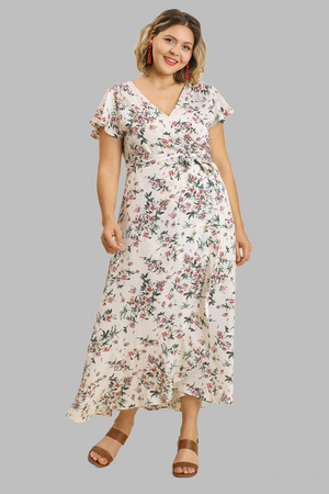 - Floral Print Wrapped Short Ruffle Sleeve Maxi Dress With No Lining Voluptuous (+) Plus Size - Ships from The USA - womens dress at TFC&H Co.