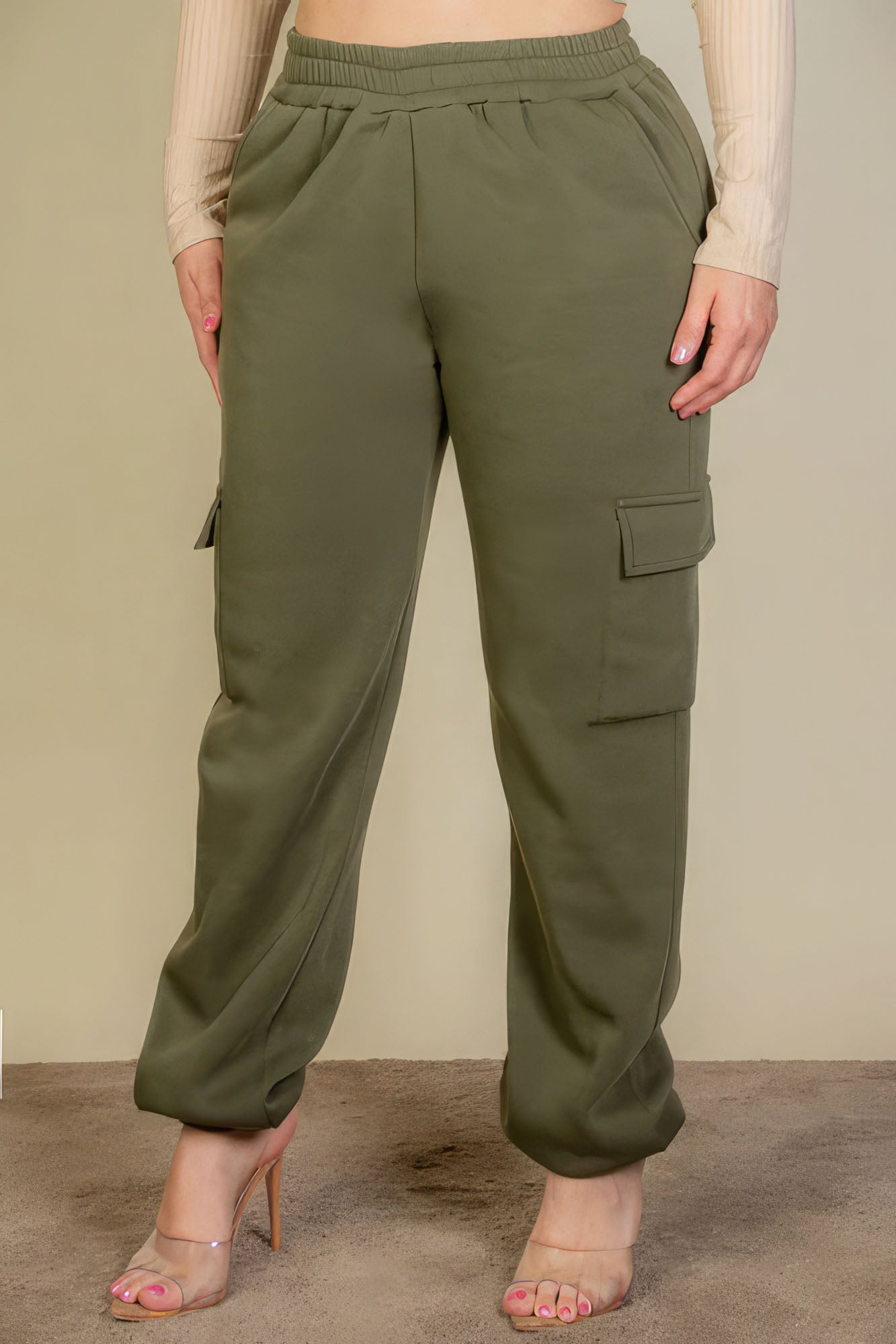 Olive - Side Pocket Drawstring Waist Women's Voluptuous (+) Plus Size Sweatpants - womens sweatpants at TFC&H Co.