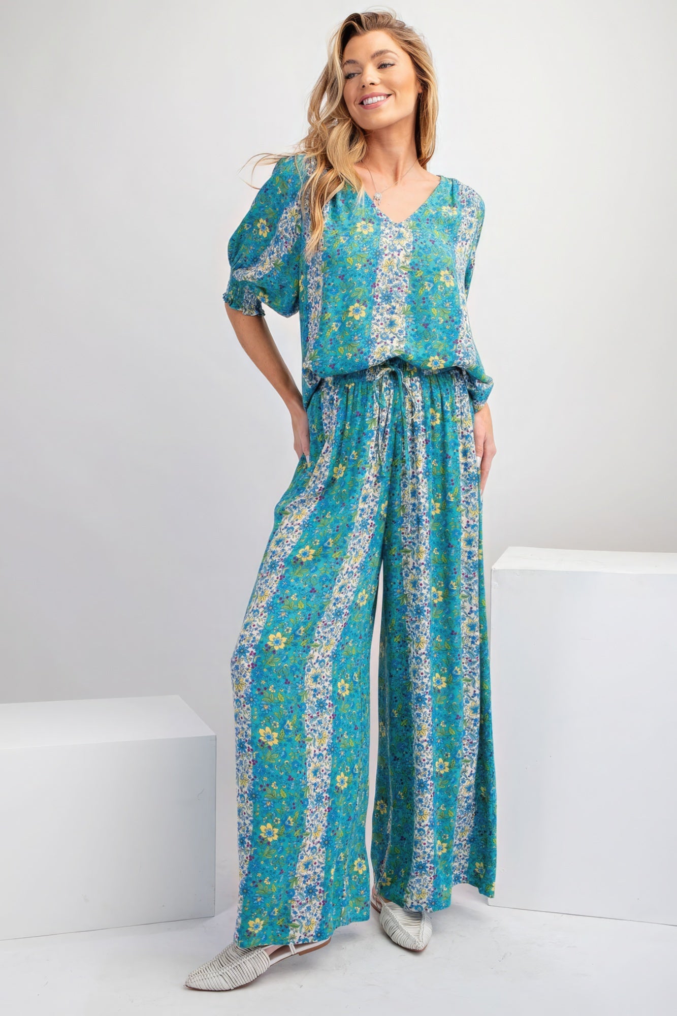 Blue - Floral Print Gauze Palazzo Pants - womens palazzo pants at TFC&H Co.