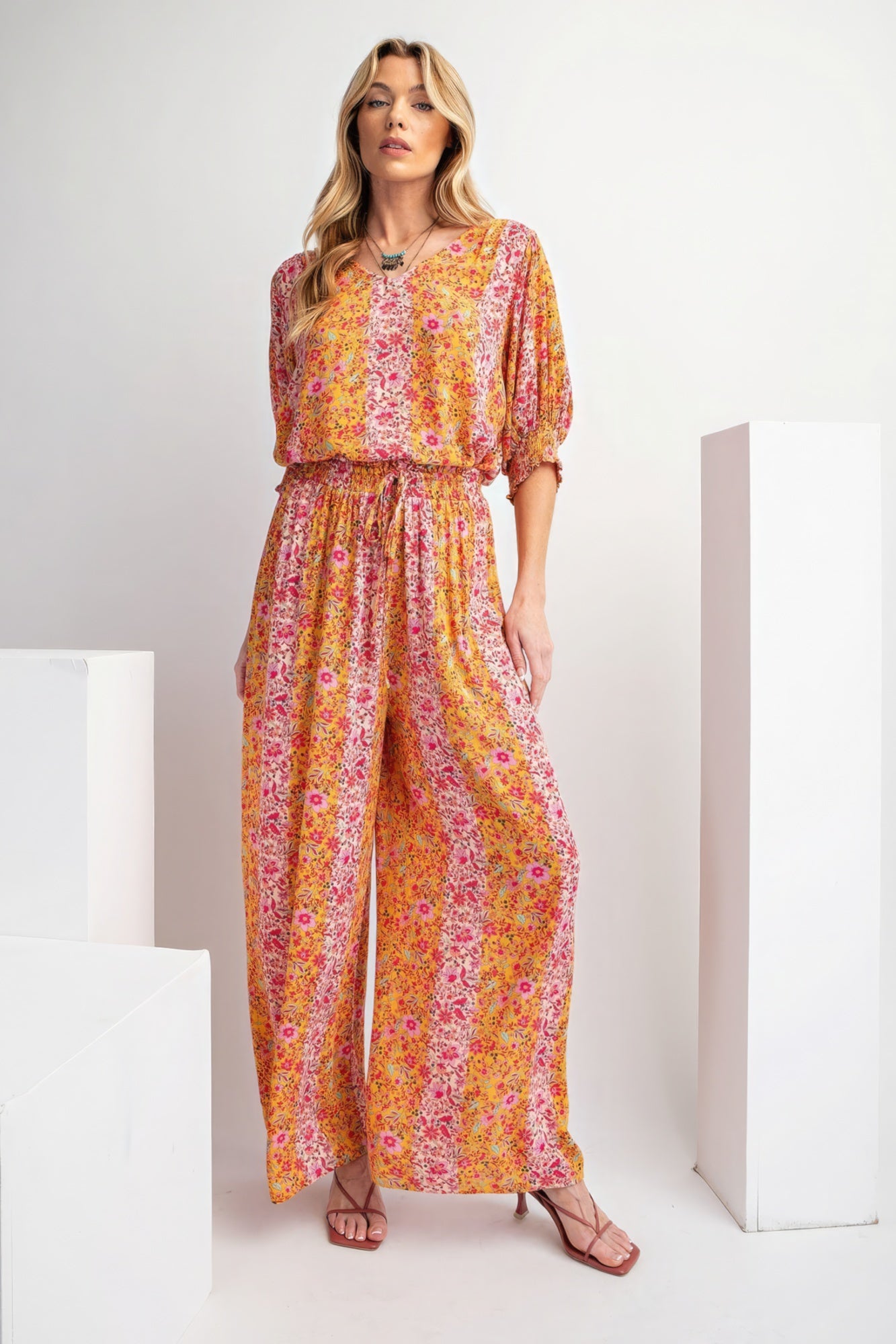 Apricot - Floral Print Gauze Palazzo Pants - womens palazzo pants at TFC&H Co.