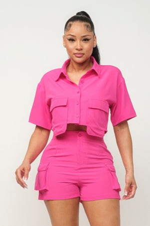 Fuchsia - Front Button Down Side Pockets Top And Shorts Set - womens short set at TFC&H Co.