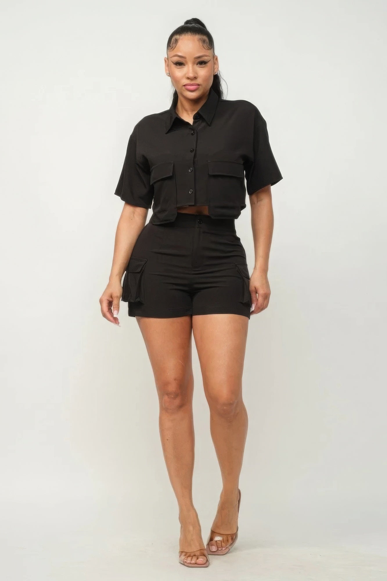 - Front Button Down Side Pockets Top And Shorts Set - womens short set at TFC&H Co.