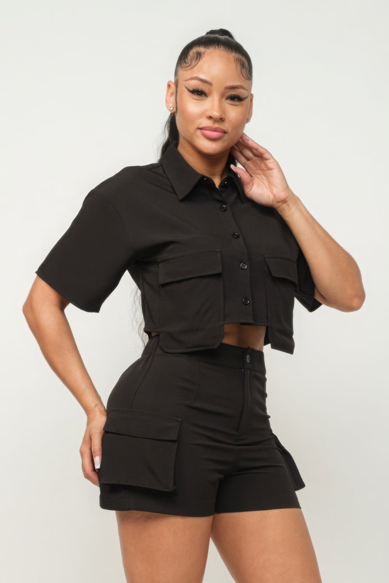 Black - Front Button Down Side Pockets Top And Shorts Set - womens short set at TFC&H Co.