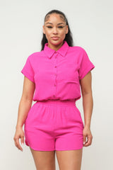 Hot Pink - Button Down Pocket Loose Fit Top And Shorts Set - womens short set at TFC&H Co.