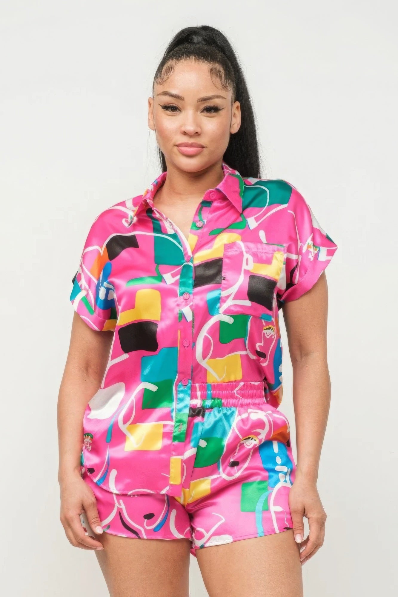 - Satin Dolman Print Button Down Top And Shorts Set - womens short set at TFC&H Co.