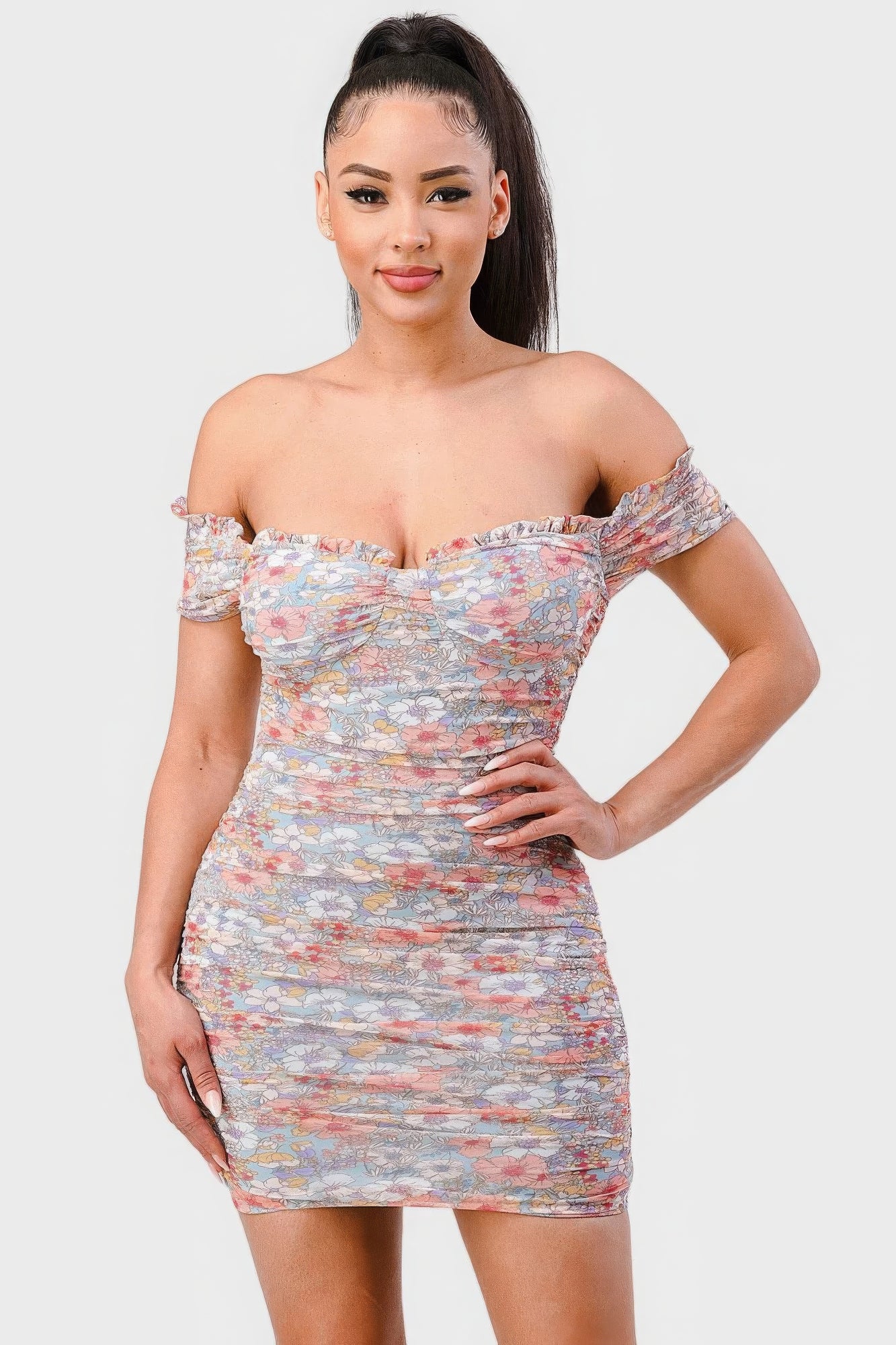 - Mesh Sweetheart Ruffled Off Shoulder Ruched Mini Floral Dress - womens dress at TFC&H Co.