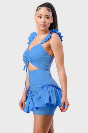 Denim Blue - Sweetheart With Drawstring Bow Cutout Ruffled Flutter Sleeves Mini Dress - womens dress at TFC&H Co.