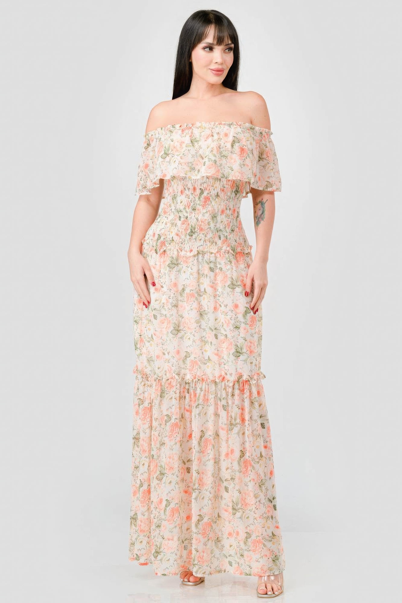 Cream - Floral Chiffon Off Shoulder Smocked Back Ruffled Tiered Maxi Dress - womens dress at TFC&H Co.