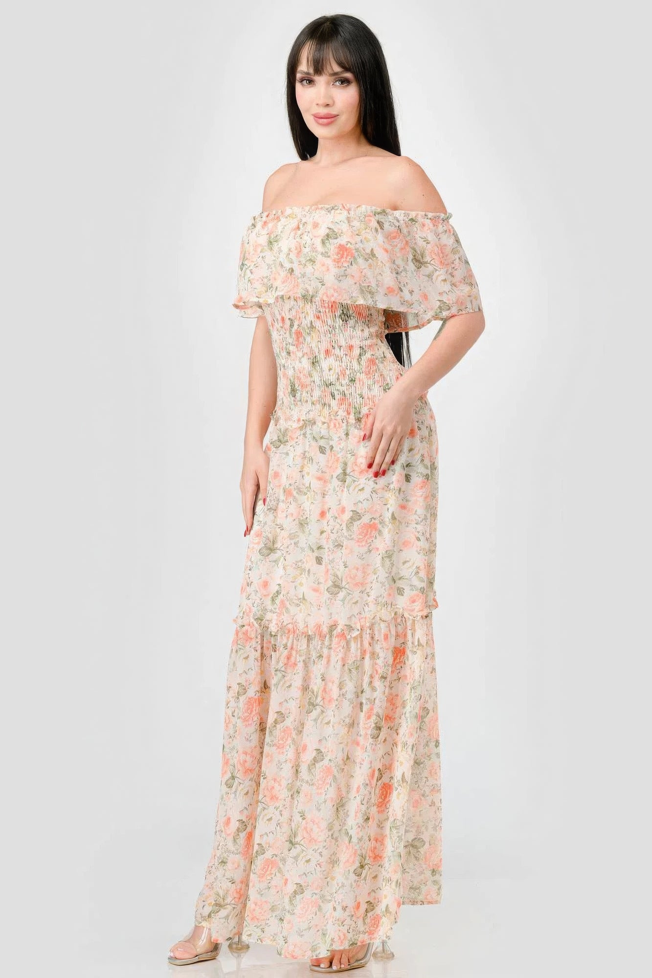 - Floral Chiffon Off Shoulder Smocked Back Ruffled Tiered Maxi Dress - womens dress at TFC&H Co.