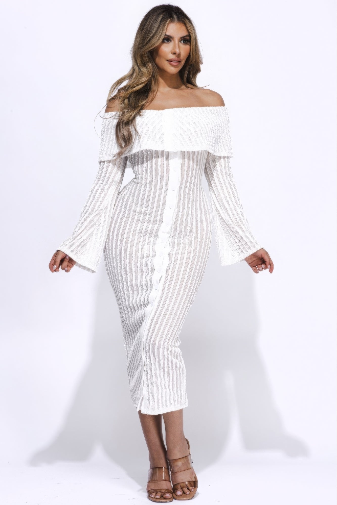 - Ruffled Fabric Off Shoulder Midi Dress With Flared Sleeve - womens dress at TFC&H Co.